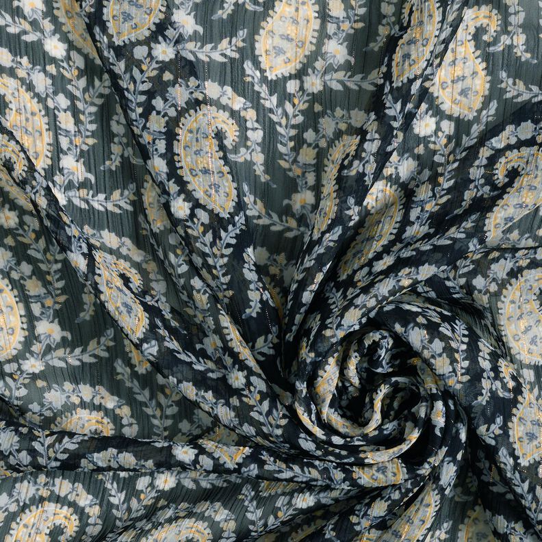 Crêpe Chiffon Paisley und Lurexstreifen – schwarz/silberblau,  image number 3