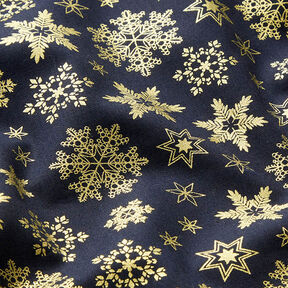 Baumwollstoff Popeline Schneekristalle – nachtblau/gold, 