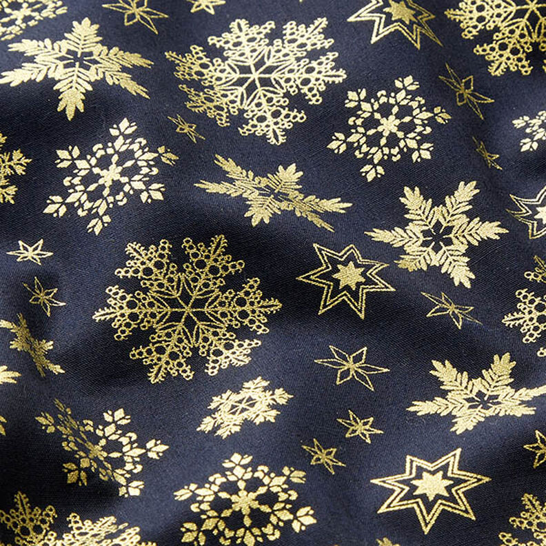 Baumwollstoff Popeline Schneekristalle – nachtblau/gold, image number 2