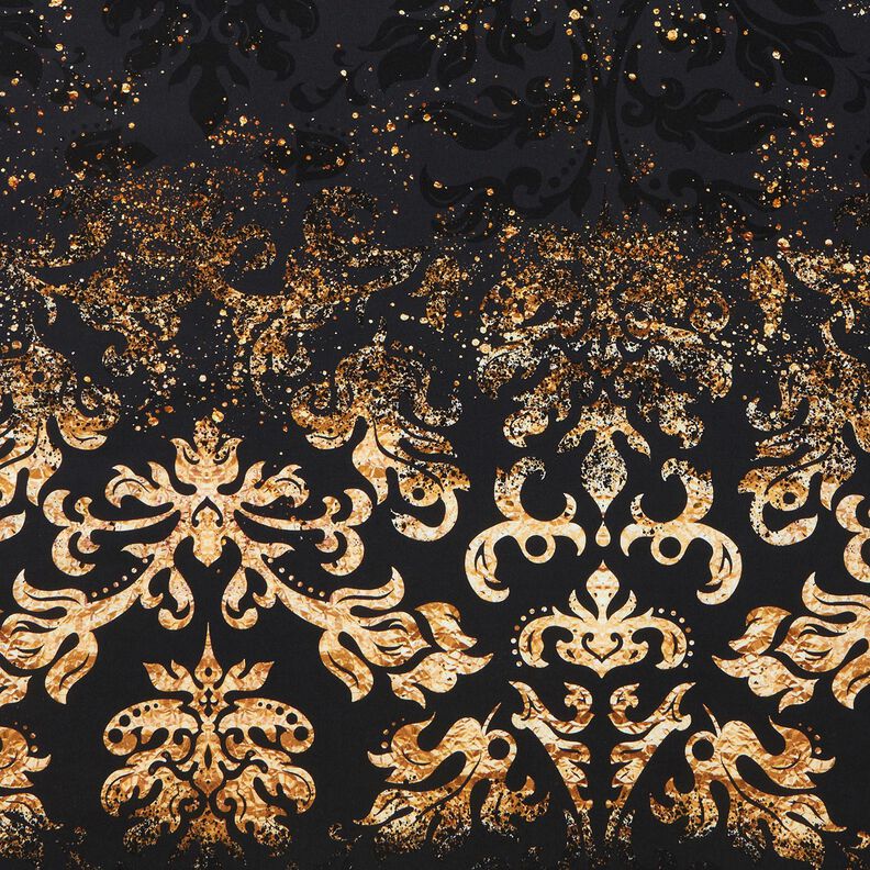 French Terry Sommersweat Bordürenstoff Goldornamente | Glitzerpüppi – schwarz/altgold,  image number 1