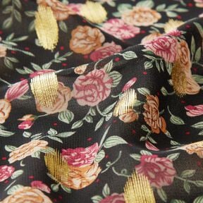 Crêpe Chiffon Blumen und Goldpunkte – schwarz, 