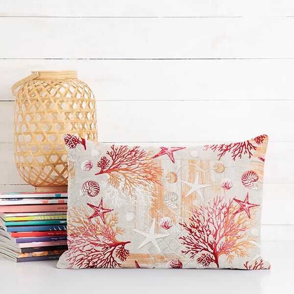 Dekostoff Canvas Maritime Collage – rot/orange | Reststück 100cm