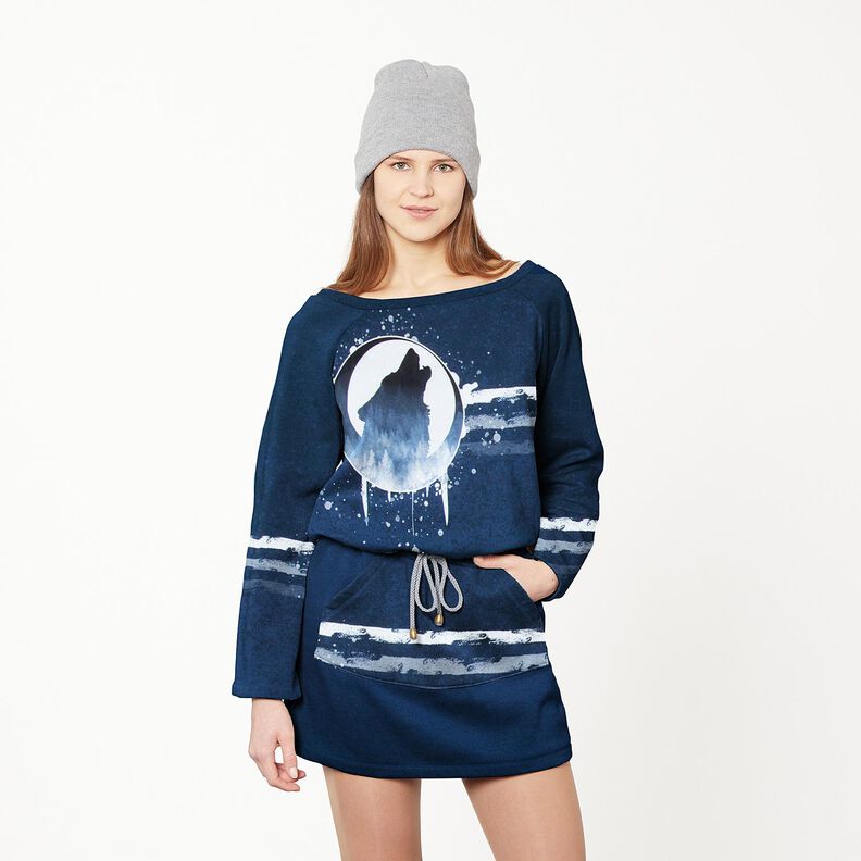 French Terry Panel mystischer Wolf | Glitzerpüppi – marineblau/weiss,  image number 5