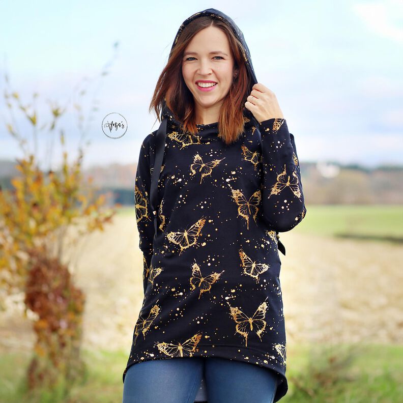 Baumwolljersey goldene Schmetterlinge | Glitzerpüppi – schwarz,  image number 5