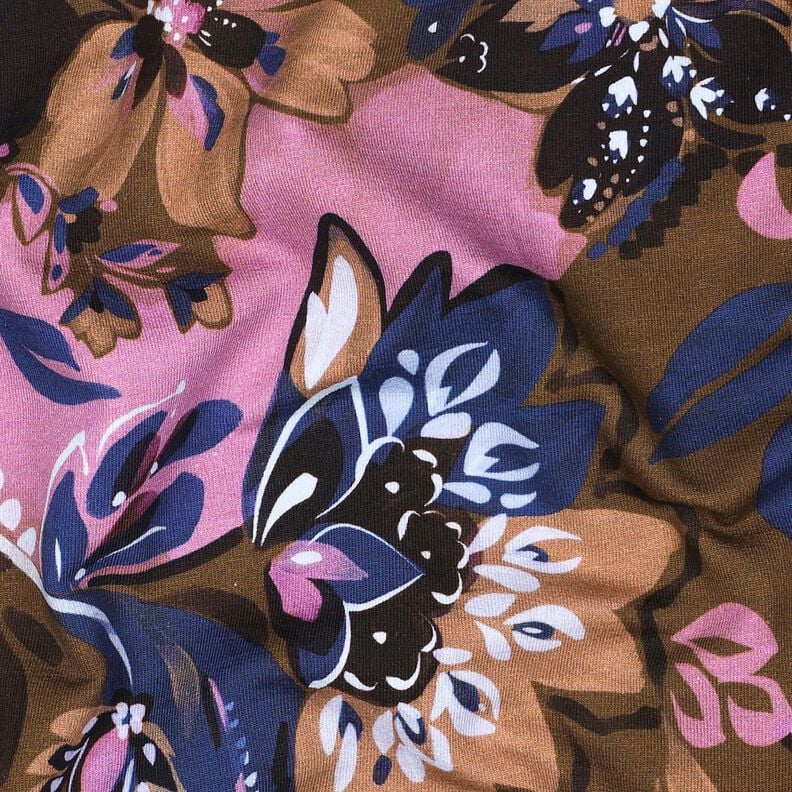 French Terry Sommersweat gemalte Blumen Digitaldruck – indigo/maronenbraun, image number 2