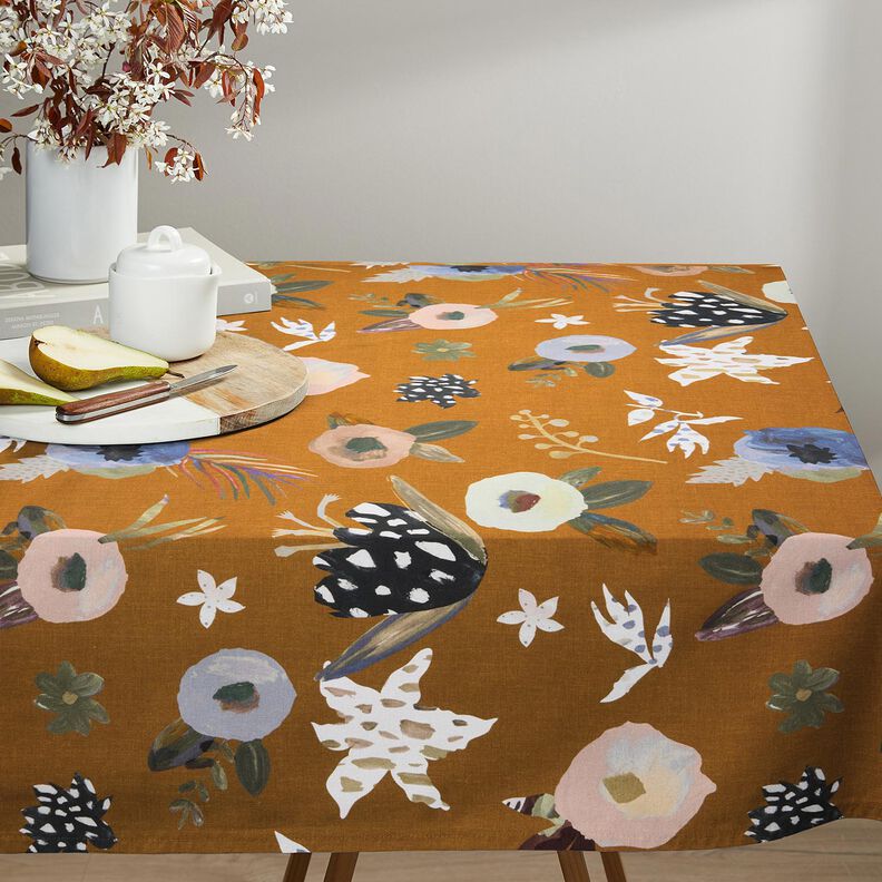 Dekostoff Halbpanama große Retroblumen – karamell/hellkhaki, image number 7