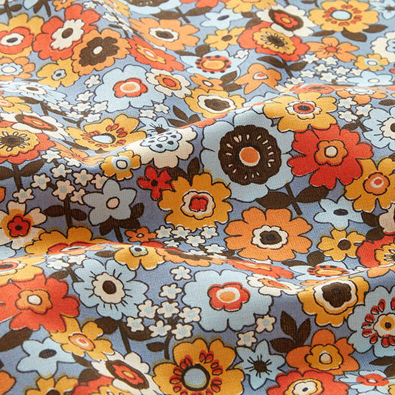 Baumwollstoff Cretonne kunterbunte Blumen – helljeansblau/orange,  image number 2