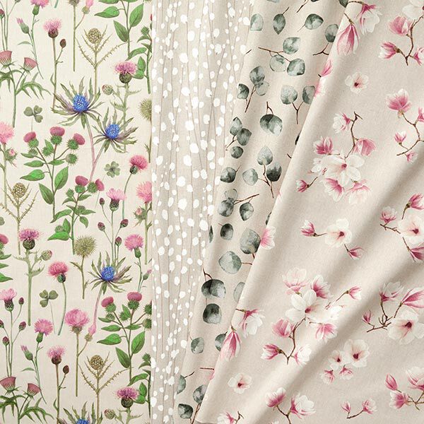 Dekostoff Halbpanama Zweige mit Knospen – weiss/beige