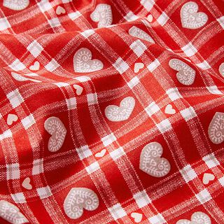 Baumwollstoff Cretonne Vichykaro und Herzen – rot, 