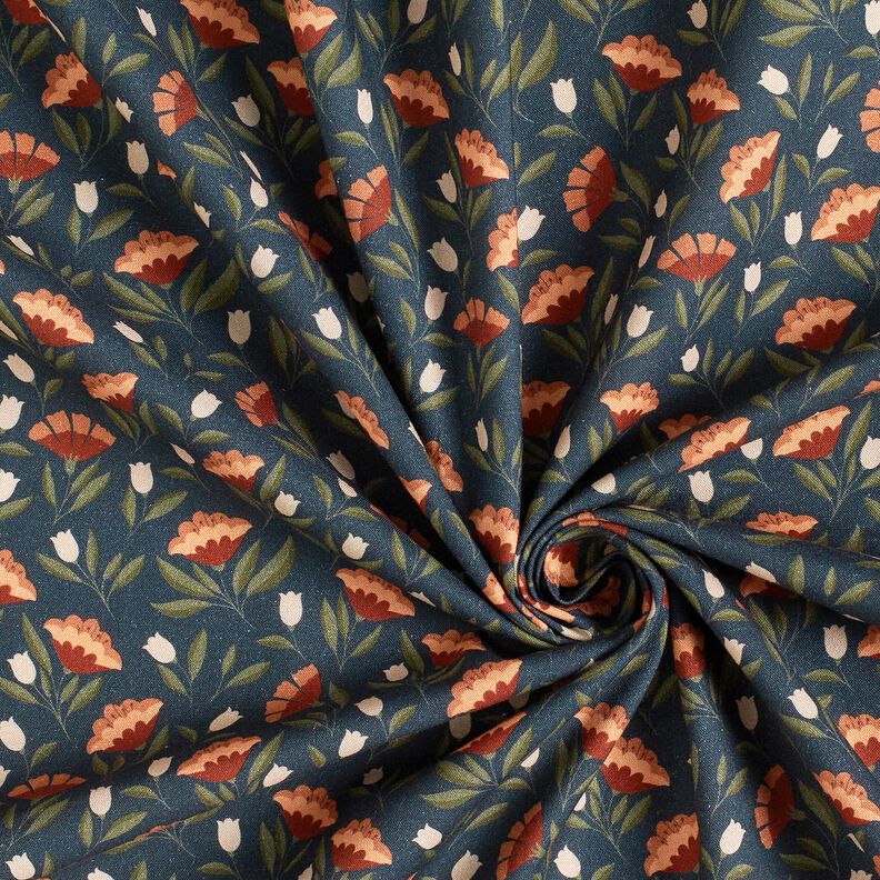 Baumwollstoff Popeline filigrane Blüten – schwarzblau/terracotta,  image number 3