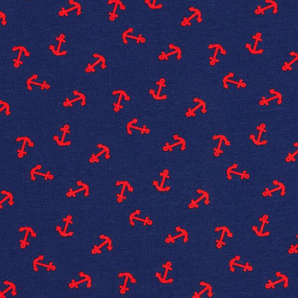 Baumwolljersey kleine Anker – marineblau/feuerrot | Reststück 100cm