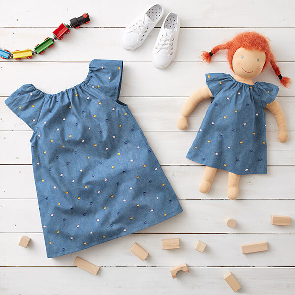 Chambray aufgestickte Punkte – jeansblau | Reststück 50cm