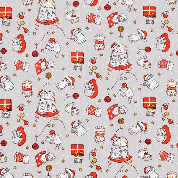 Baumwollstoff Cretonne Weihnachtskatze – silbergrau/rot – Muster,  image number 1