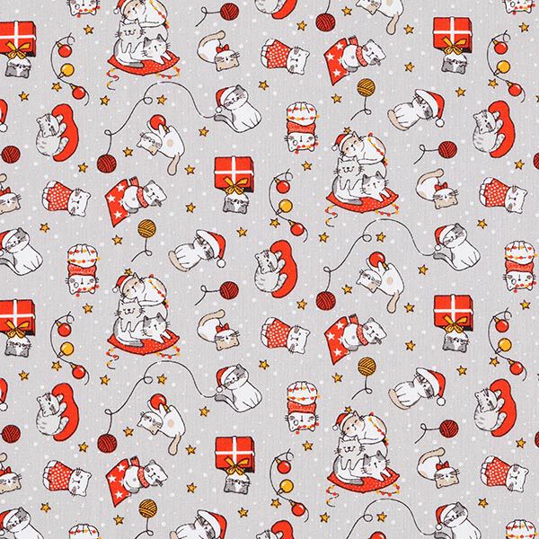 Baumwollstoff Cretonne Weihnachtskatze – silbergrau/rot – Muster, image number 1