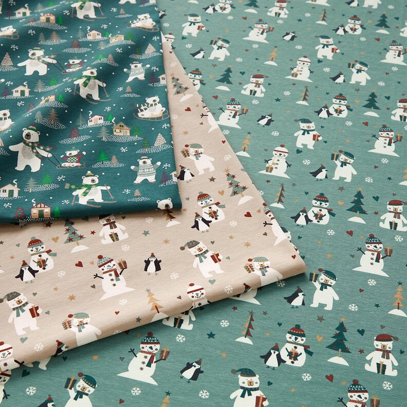 Baumwolljersey Pinguin, Eisbär und Schneemann – schilf,  image number 5