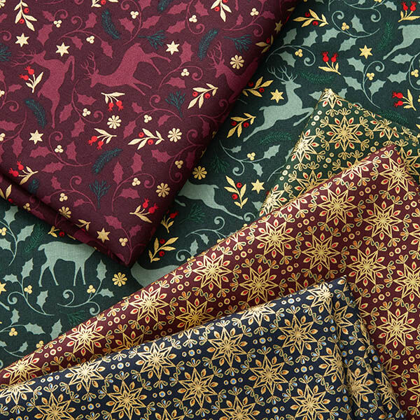 Baumwollstoff Popeline springende Hirsche – merlot/gold, image number 5