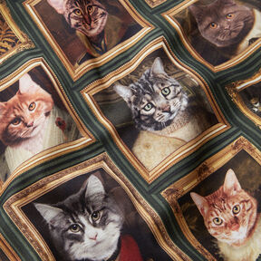 Dekostoff Halbpanama Katzen Portraits – dunkelgrün/gold, 