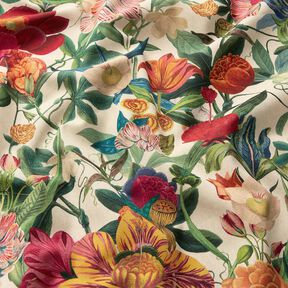 Dekostoff Halbpanama prachtvolle Blumen – natur/purpur, 