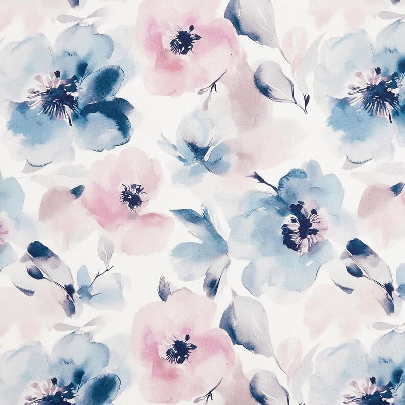 Dekostoff Halbpanama große Aquarellblüten – weiss/pastellviolett, image number 1