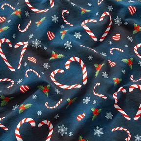 French Terry Sommersweat Candy Cane Herzen | Glitzerpüppi – nachtblau/chili, 