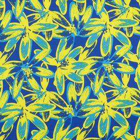 Crêpe Satin große Kamilleblüten – indigo/zitronengelb, 