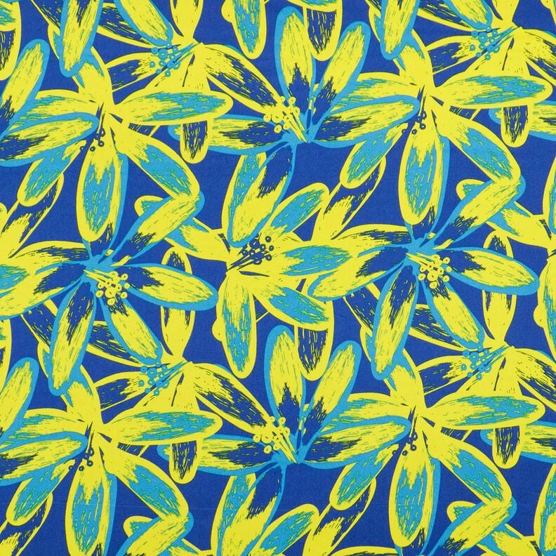Crêpe Satin große Kamilleblüten – indigo/zitronengelb, image number 1