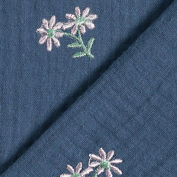 Musselin/ Doppel-Krinkel Gewebe aufgestickte Blümchen – jeansblau, image number 4
