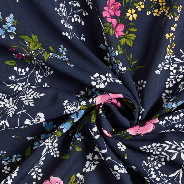 Crêpe Georgette Blumenstrauß – marineblau | Reststück 50cm