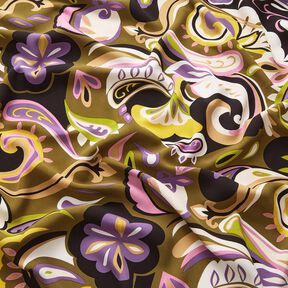 Viskosestoff Retro-Blumen – oliv/lila, 