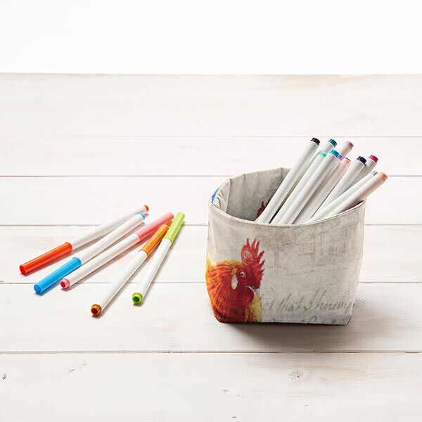 Dekostoff Canvas Hahn und Schrift – natur | Reststück 50cm