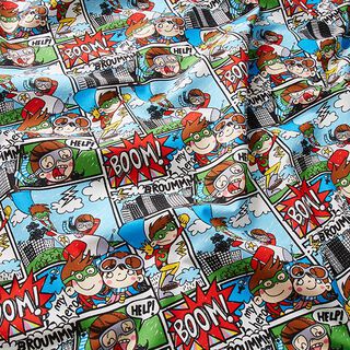 Baumwollstoff Cretonne Comic Held – weiss/helltürkis, 