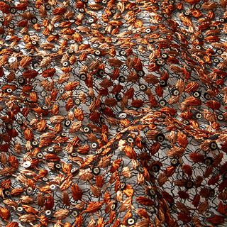 Spitzenstoff Blumenranken & Pailletten – schwarz/terracotta, 