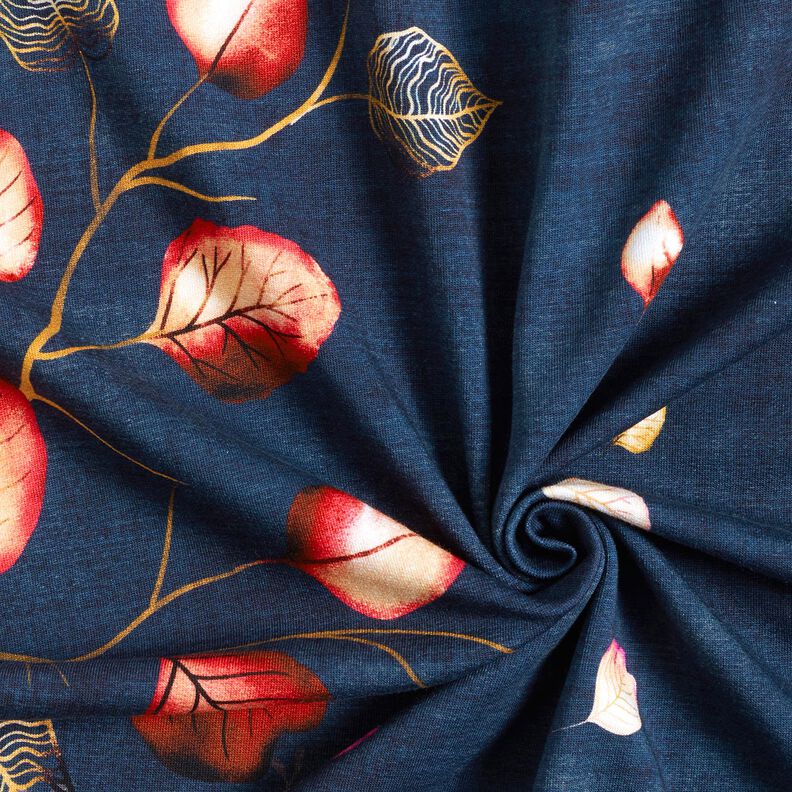 French Terry Bordürenstoff Herbstblätter | Glitzerpüppi – marineblau/pfirsichorange,  image number 3