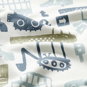 French Terry Sommersweat Skribbel Fahrzeuge &ndash; weiss/blau, 