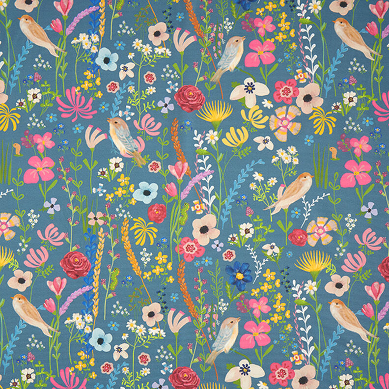 Outdoorstoff Canvas Canvas Vögel und Blumen – stahlblau,  image number 1