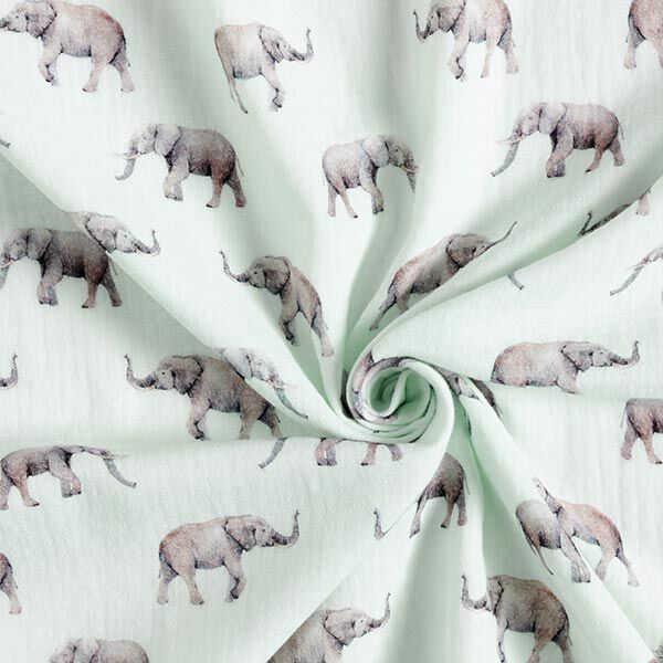 Musselin/ Doppel-Krinkel Gewebe Elefanten Digitaldruck – wollweiss | Reststück 50cm