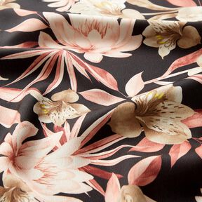 Kreppsatin Magnolien mit Palmblättern – schwarz/beige, 