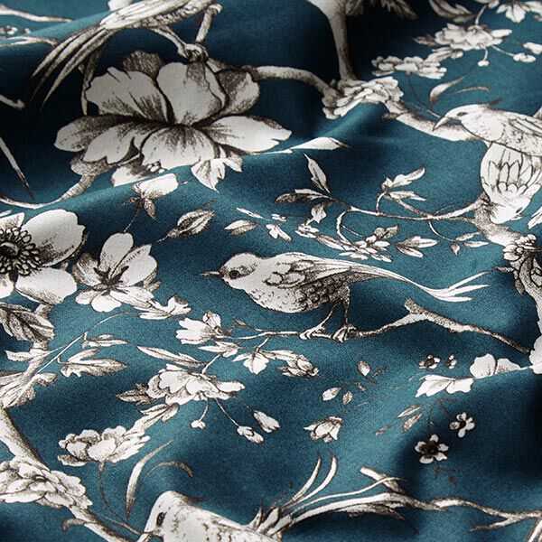 Dekostoff Baumwollsatin Toile de Jouy – petrol | Reststück 50cm