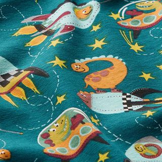 Baumwolljersey Dinos im Weltall – petrol, 