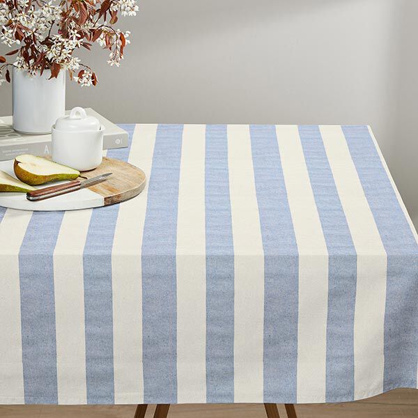 Dekostoff Halbpanama breite Querstreifen – blau/natur | Reststück 50cm