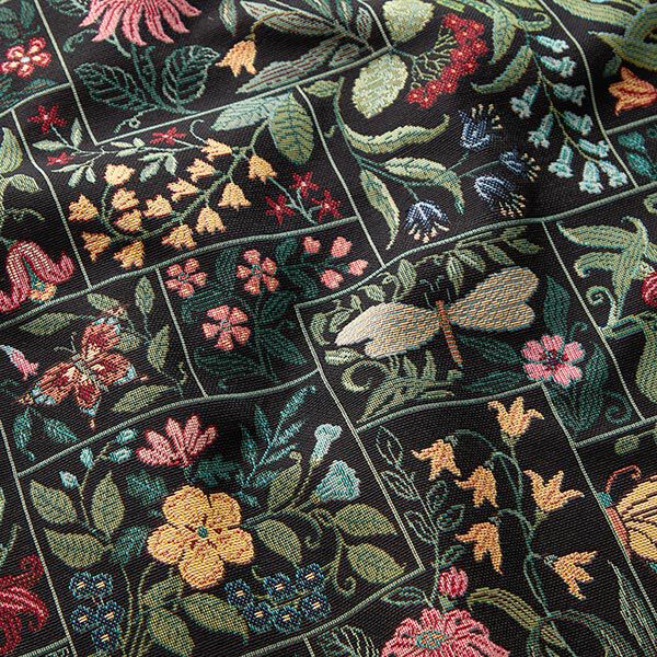 Dekostoff Gobelin Blumen-Kacheln – schwarz
