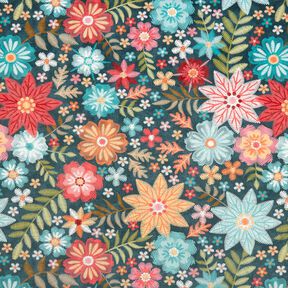 Dekosamt Blumen in Stickoptik – petrol/karminrot, 