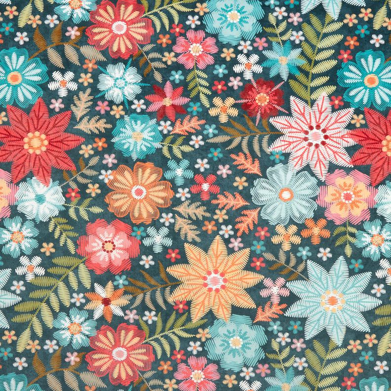 Dekosamt Blumen in Stickoptik – petrol/karminrot,  image number 1