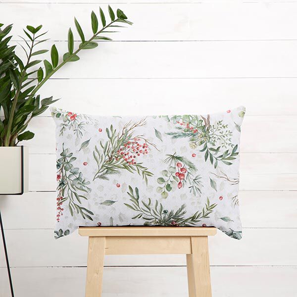 Dekostoff Halbpanama Mistelzweige – weiss/pinie | Reststück 50cm