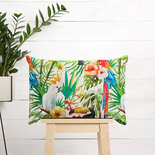 Outdoorstoff Canvas Tropische Vögel – weiss/grün | Reststück 100cm