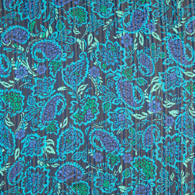 Chiffon Satin- und Glitzerstreifen Paisley-Blumen – türkis/schwarz,  image number 1