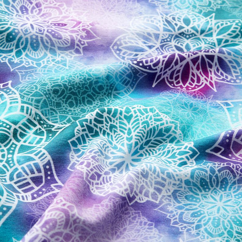 French Terry Sommersweat Regenbogenmandalas | Glitzerpüppi – hellpetrol/lavendel,  image number 2