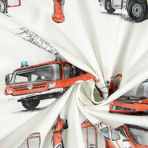 Baumwollstoff Cretonne Feuerwehr – weiss/rot | Reststück 50cm