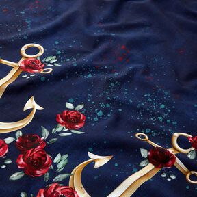 Baumwolljersey Anker und Rosen | Glitzerpüppi – nachtblau/altgold, 