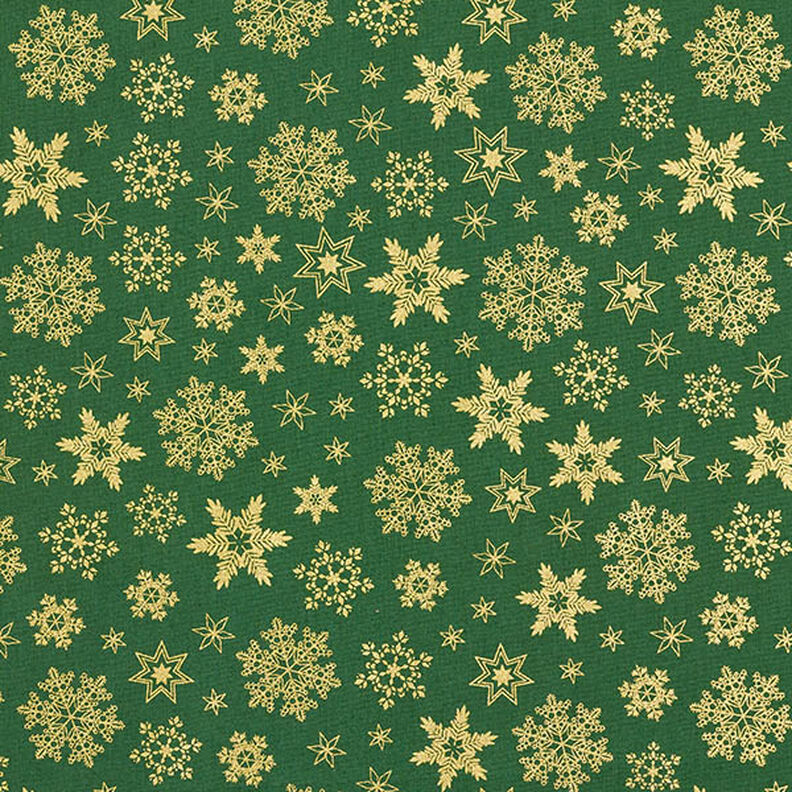 Baumwollstoff Popeline Schneekristalle – grün/gold, image number 1